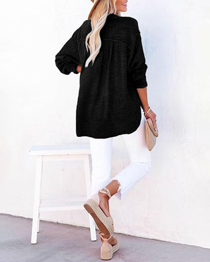 Womens Casual Button V Neck Long Sleeve Shirts Solid Blouses Tops