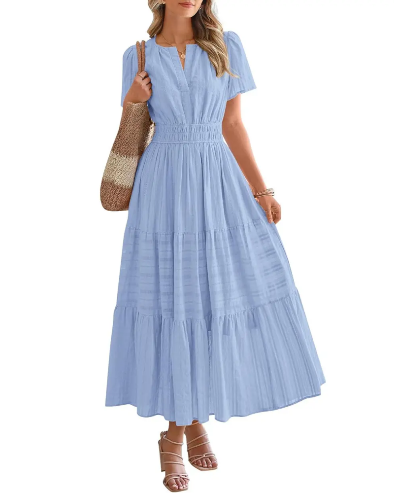 Womens Summer Lightweight Short Sleeve V Casual Midi Maxi Dresses