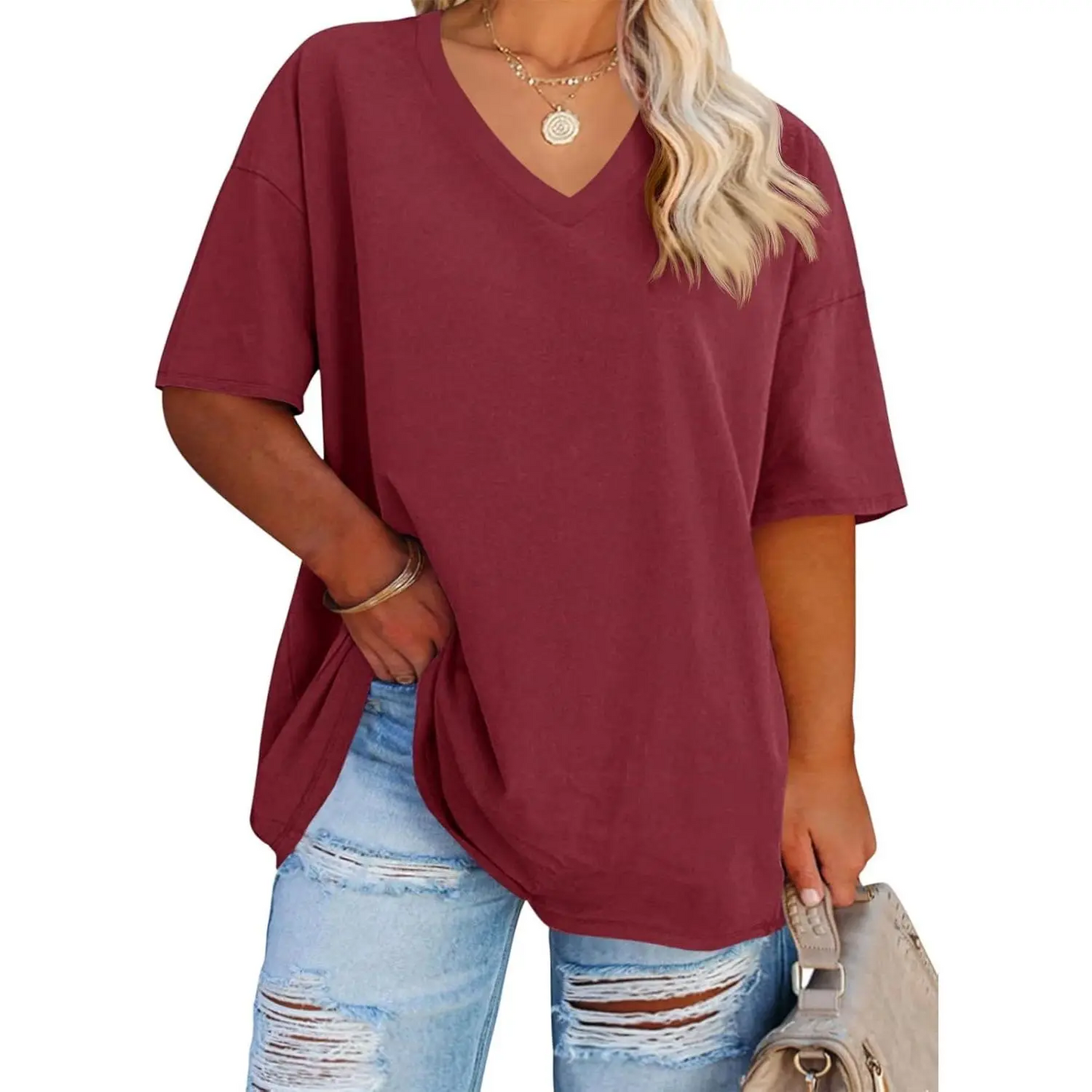 Women's Plus Size V Neck Half Sleeve Tunic Tee Loose Fit Cotton Summer