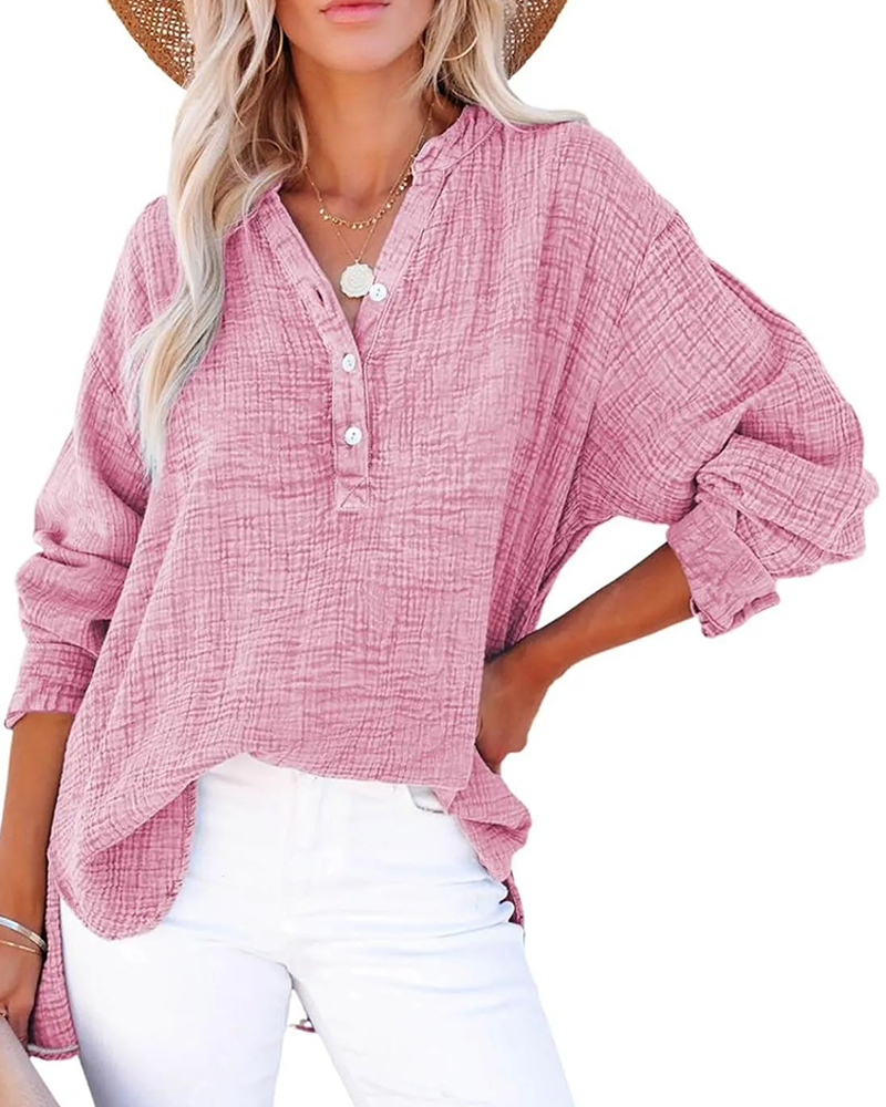 Womens Casual Button V Neck Long Sleeve Shirts Solid Blouses Tops