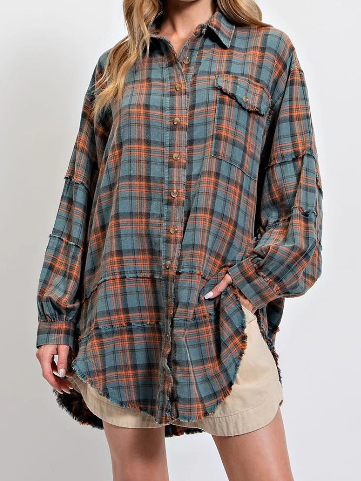 Women's Seams Raw Edge Washed Oversized Shirt Jacket with Pockets