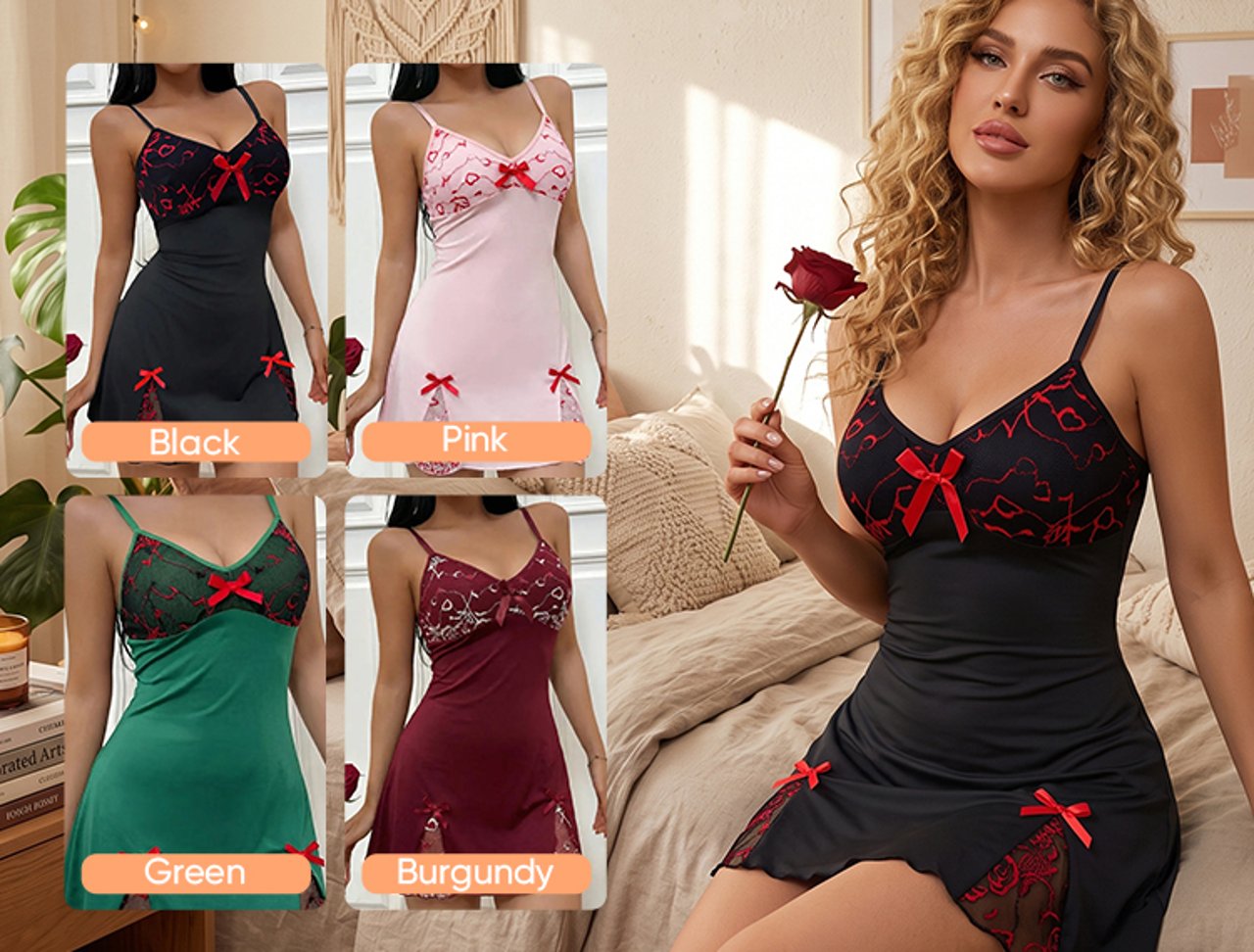 Bow Lace Spaghetti Strap Sleep Dress