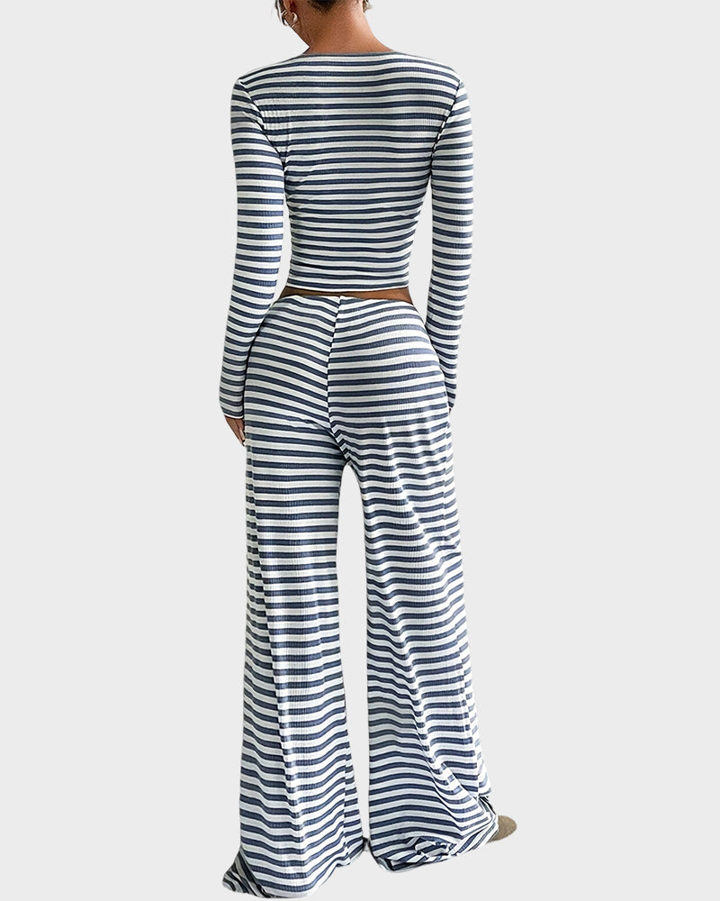 Stripe Crop Top & Wide Leg Two-Piece Lounge Set