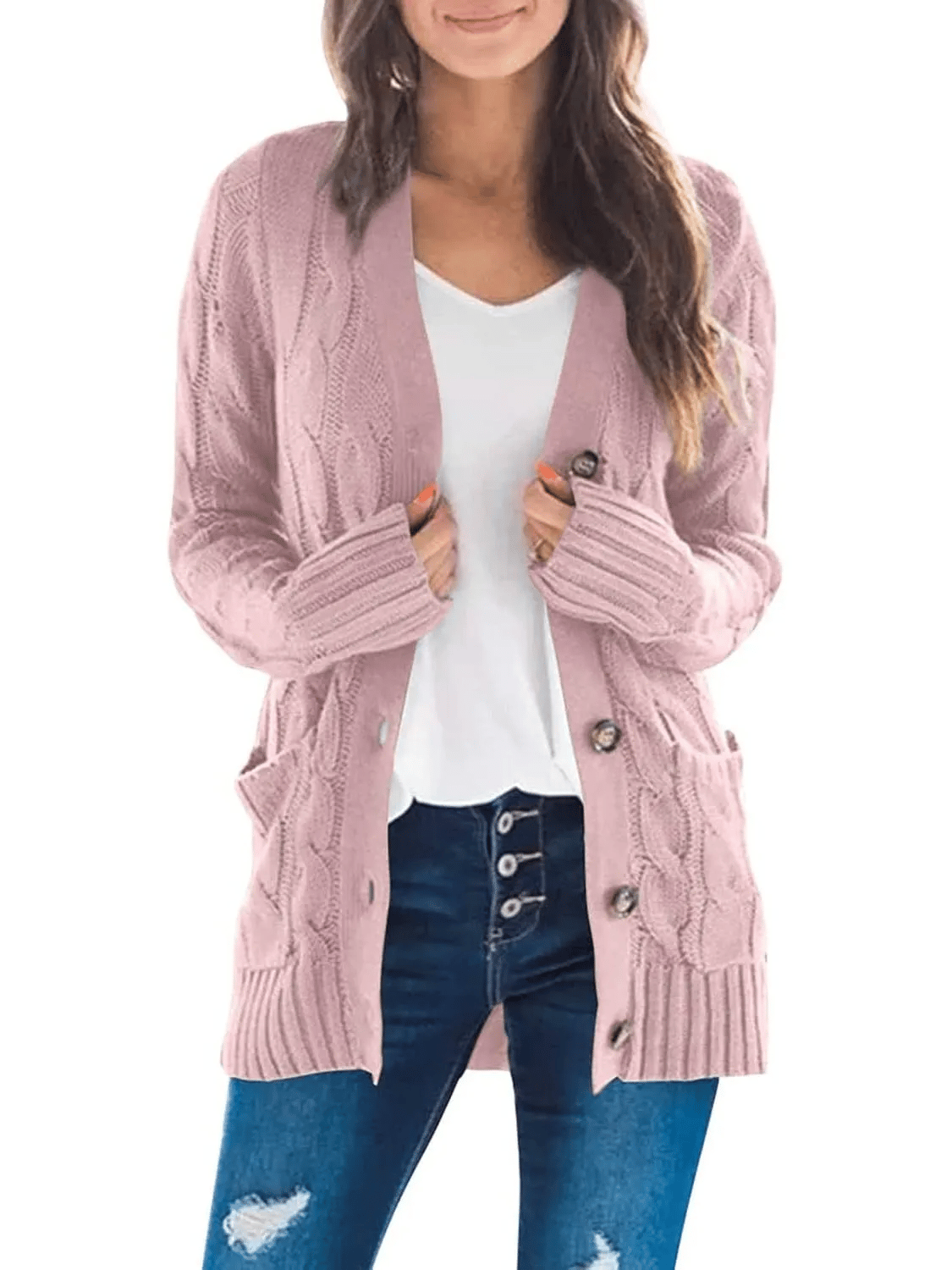 Women's Fall Casual Long Sleeve Button Down Open Front Cable Knit Cardigan