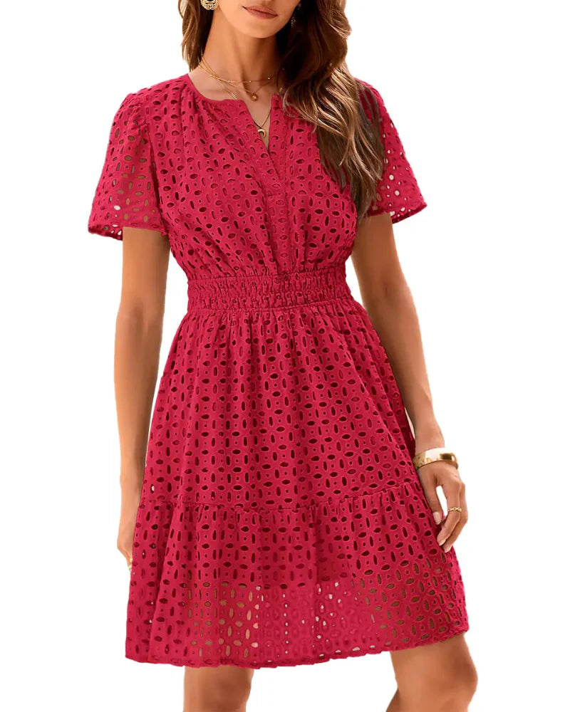 Women V Neck Lace A Line Summer Dress