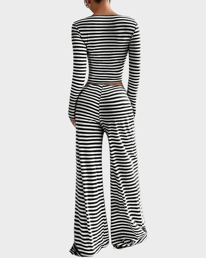 Stripe Crop Top & Wide Leg Two-Piece Lounge Set