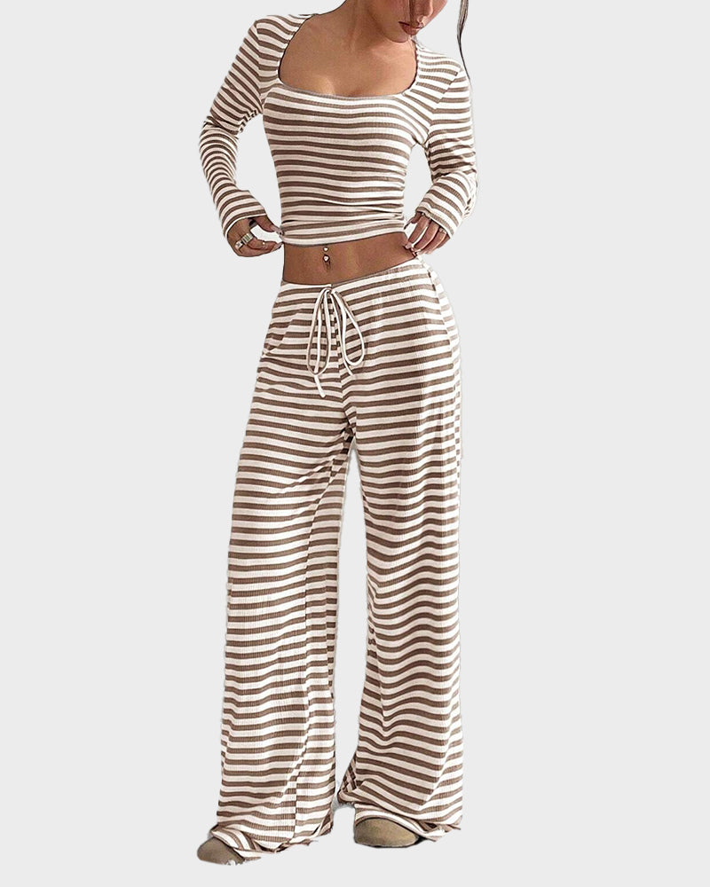 Stripe Crop Top & Wide Leg Two-Piece Lounge Set