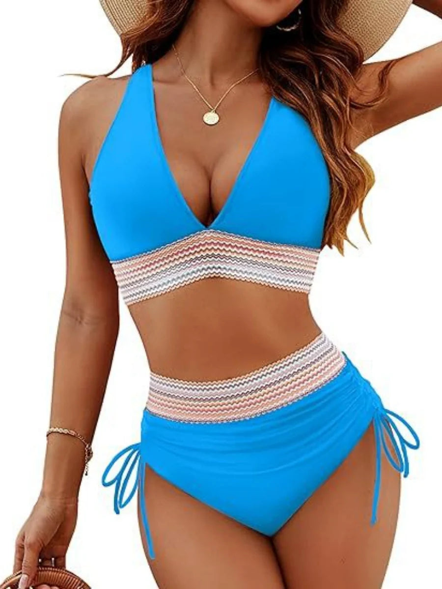 High Waisted Tummy Control Color Block Bikini Sets