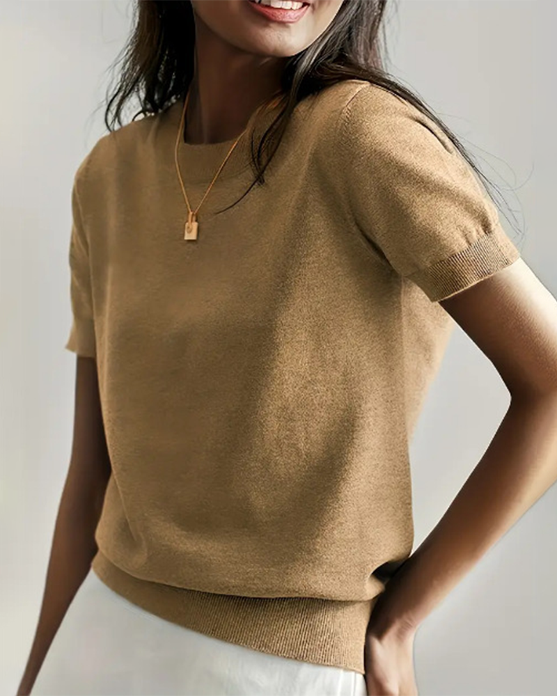 Women's Solid Color Crew Neck Short Sleeve Sweater