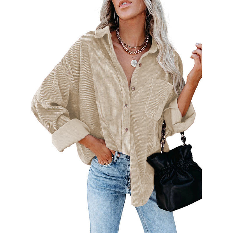 Women's Plain Pocket Button Front Corduroy Shirt