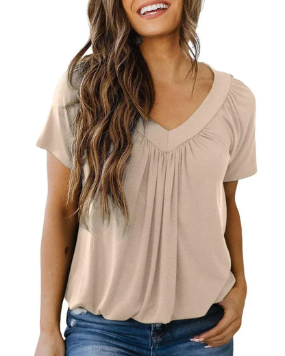 Women's Casual Summer V Neck Short Sleeve T Shirt Loose Fit Comfort Shirred Top