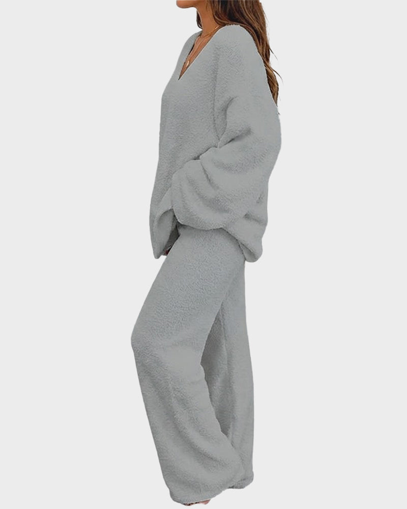 Soft Fuzzy V-Neck Loungewear Set