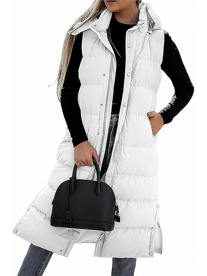 🔥 Women's Long Puffer Vest | Quilted Hood & Button Closure ❄️