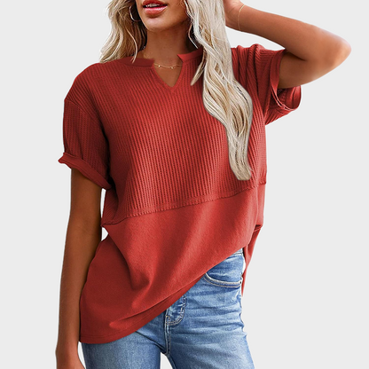 Women's Casual V Neck Waffle Knit Tops Short Sleeve T Shirts