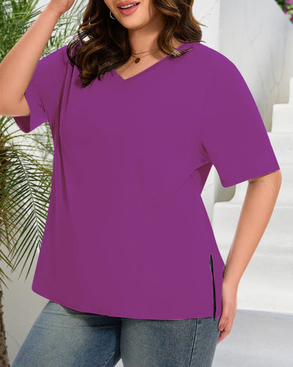 Women's Plus Size Basic Sleeve V-Neck T-Shirts