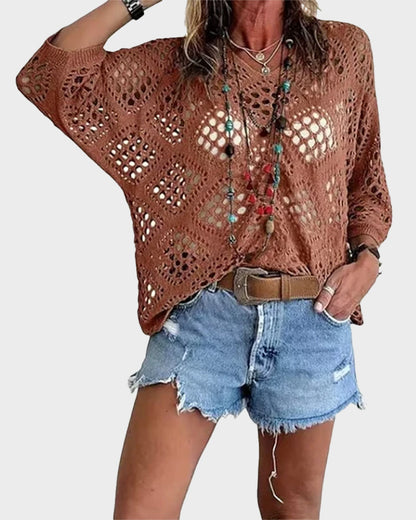 Womens Bohemian-Inspired Beige Crochet Top with V-Neck