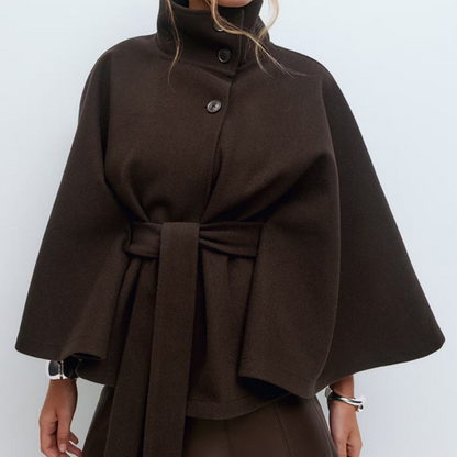 Women's Wool Blend Poncho Coat Oversized Belted Stand Collar Cropped