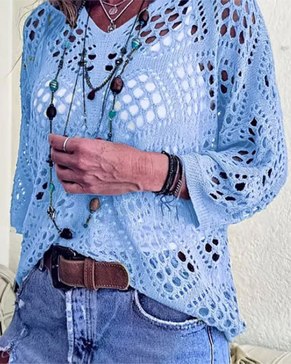 Womens Bohemian-Inspired Beige Crochet Top with V-Neck
