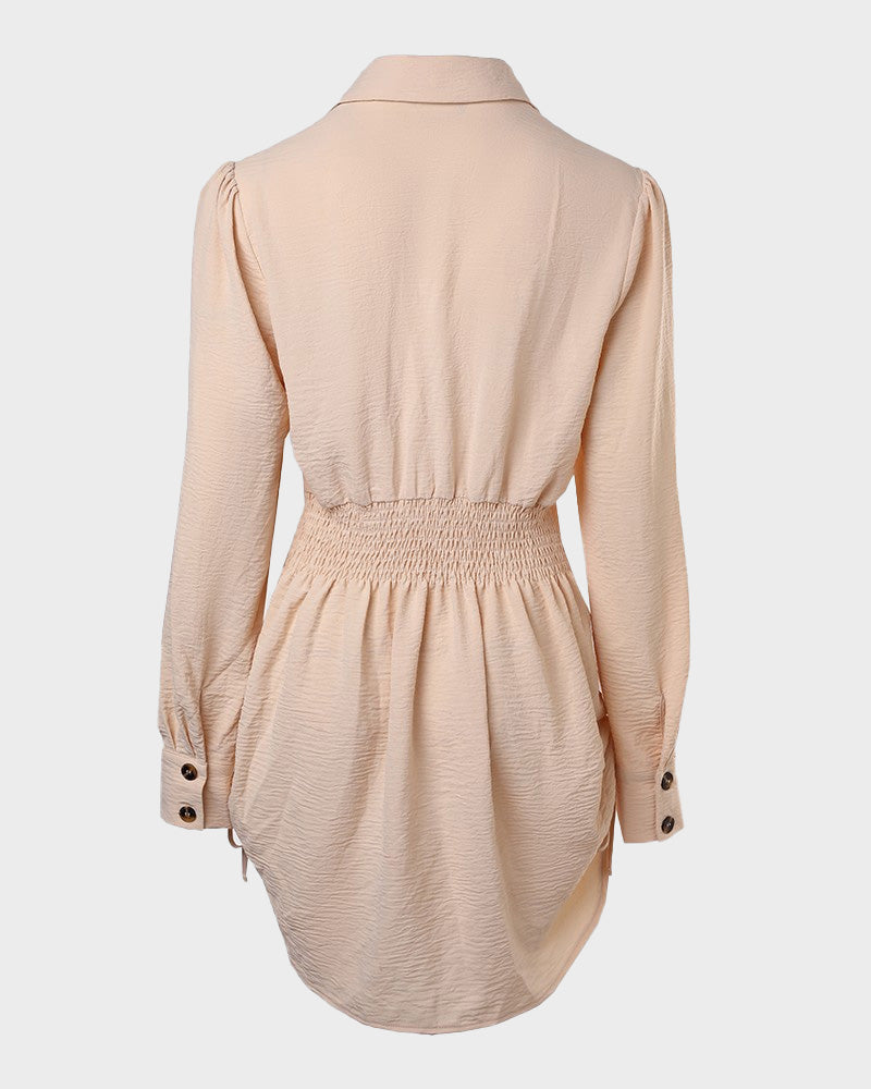 Long Sleeve Button Down Drawstring Shirt Dress