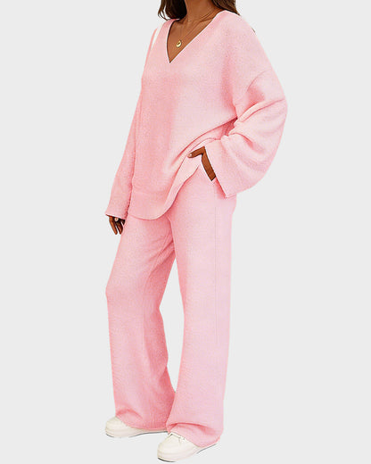 Soft Fuzzy V-Neck Loungewear Set