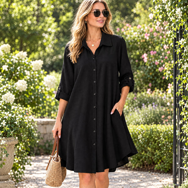 Plus Size Solid Long Sleeve Button Up Collared Blouse for Spring Fall