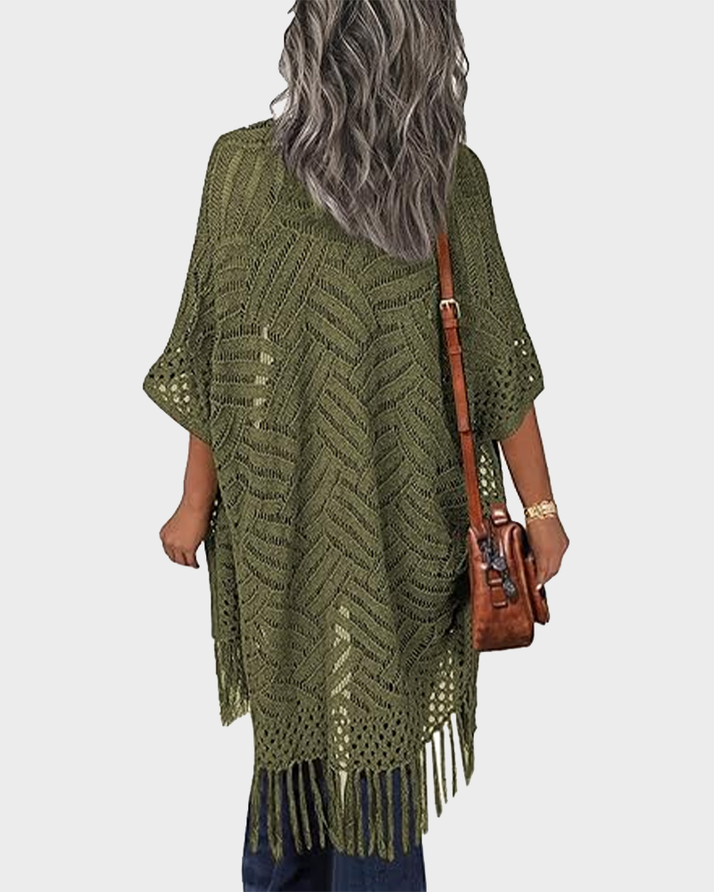 Women's Lightweight Crochet Cardigan Oversized Open Front Tassel Kimono