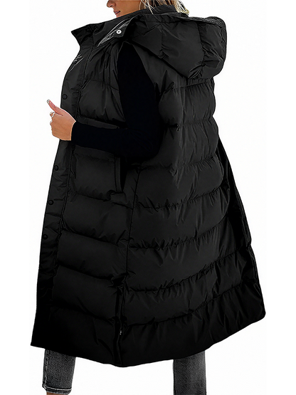 🔥 Women's Long Puffer Vest | Quilted Hood & Button Closure ❄️