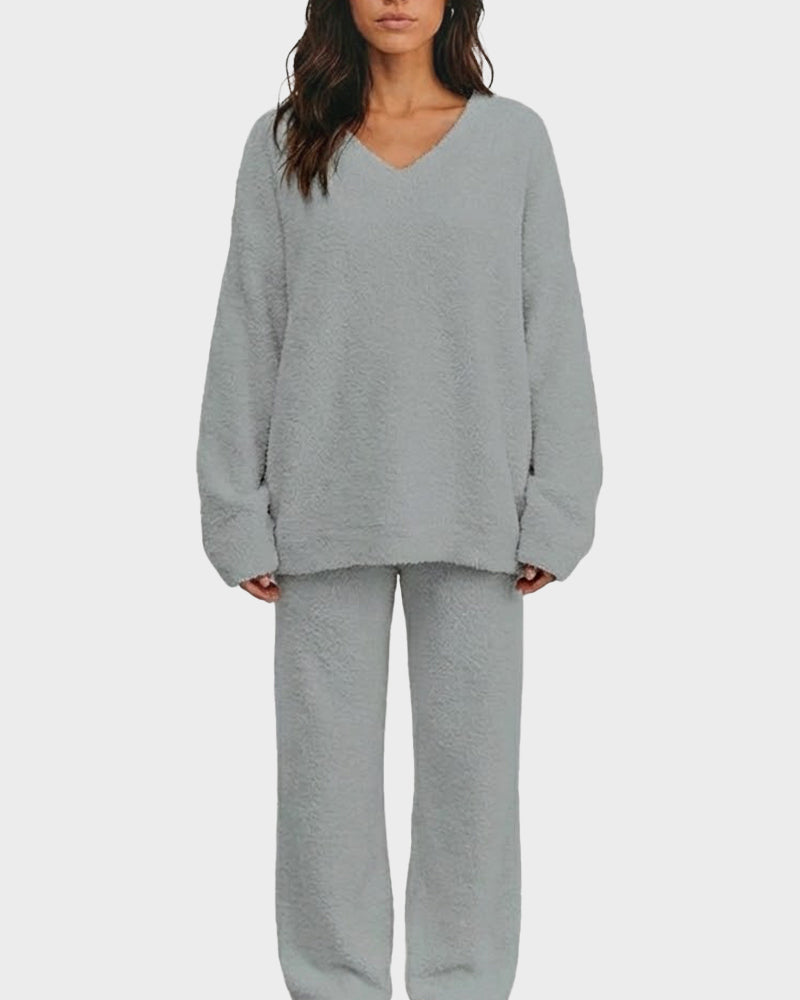 Soft Fuzzy V-Neck Loungewear Set