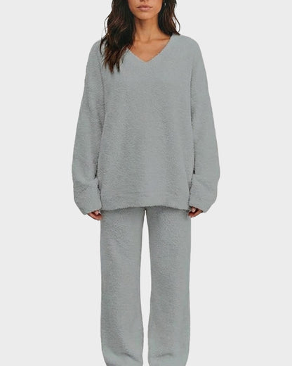 Soft Fuzzy V-Neck Loungewear Set