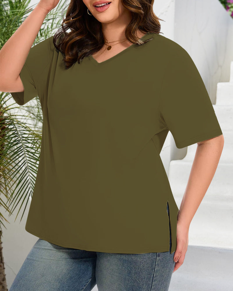 Women's Plus Size Basic Sleeve V-Neck T-Shirts