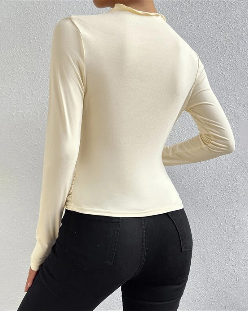 Slim Fit Ruched High-Neck T-Shirt Top