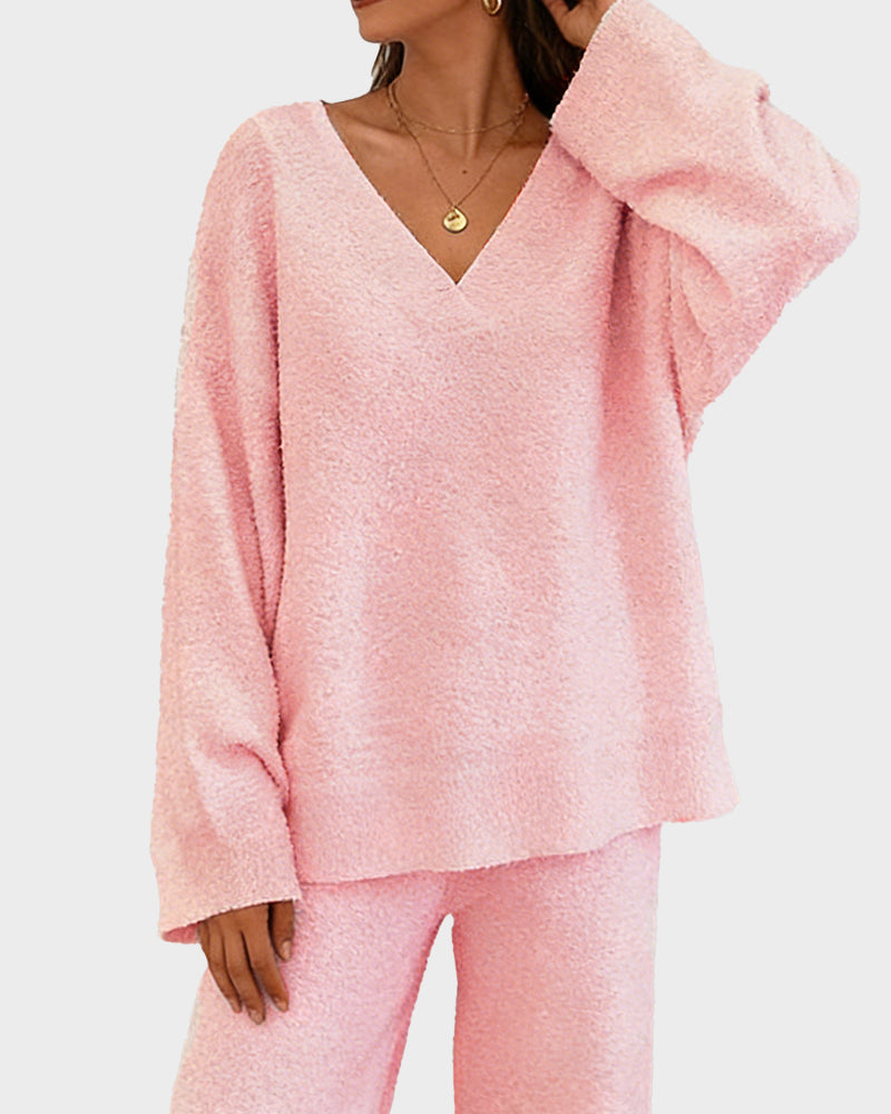 Soft Fuzzy V-Neck Loungewear Set