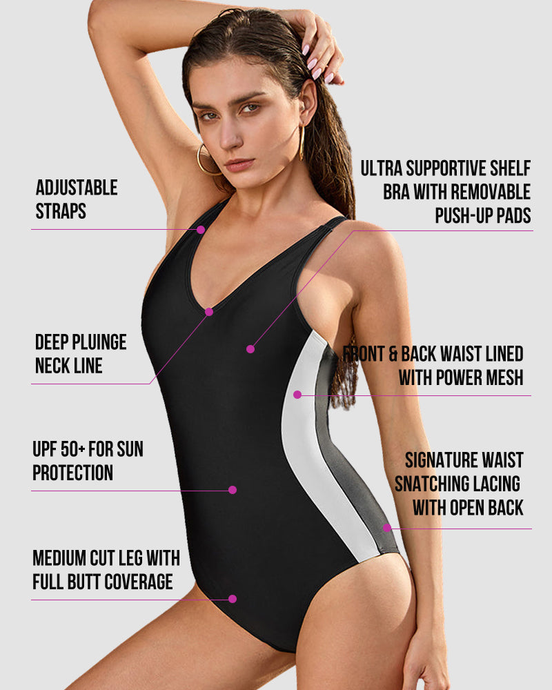 Plunge Lace-Up Corset Sculpting Swimsuit