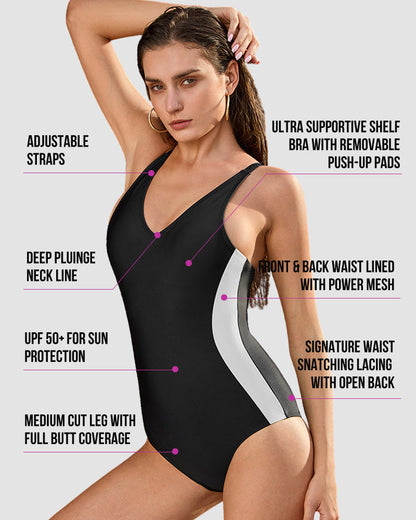 Plunge Lace-Up Corset Sculpting Swimsuit