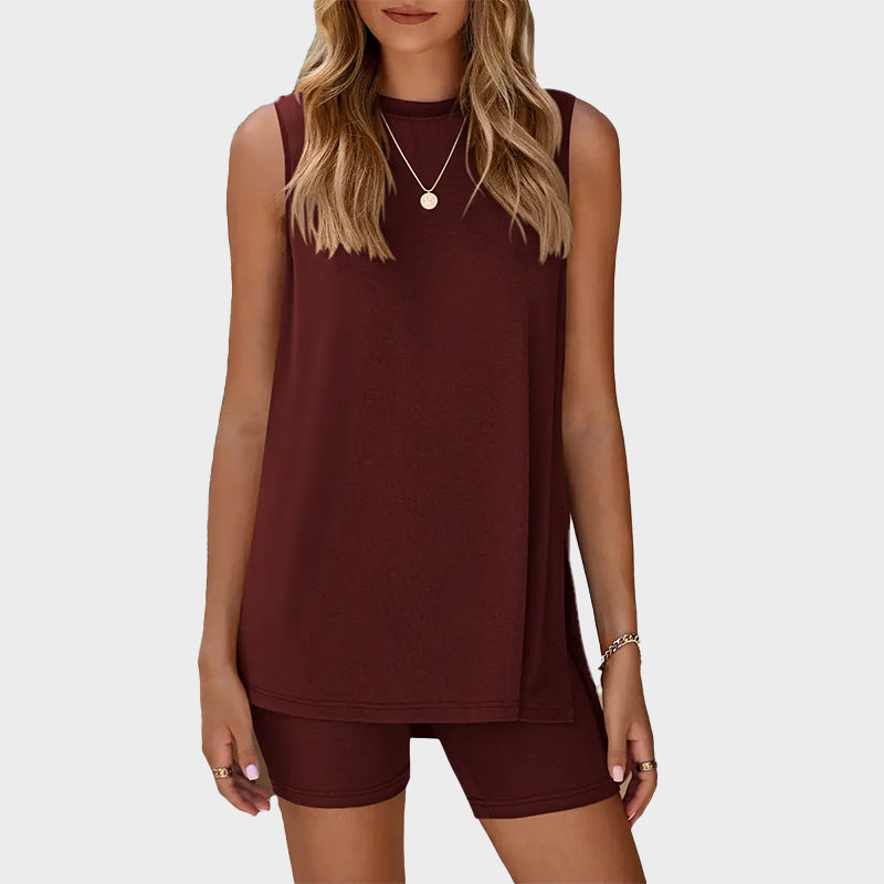 Sleeveless Top And Shorts Solid Color Set