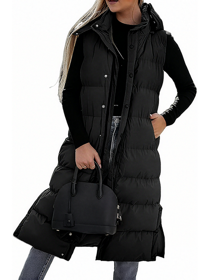 🔥 Women's Long Puffer Vest | Quilted Hood & Button Closure ❄️