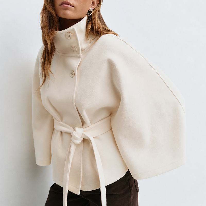 Women's Wool Blend Poncho Coat Oversized Belted Stand Collar Cropped