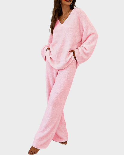 Soft Fuzzy V-Neck Loungewear Set