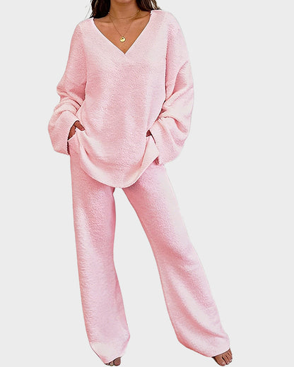 Soft Fuzzy V-Neck Loungewear Set