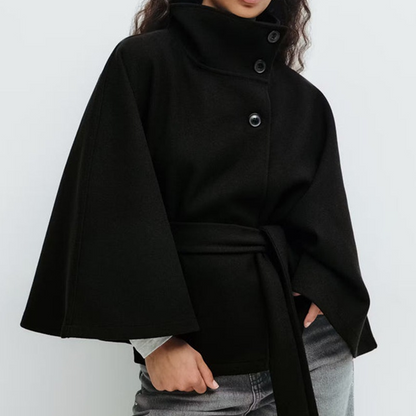 Women's Wool Blend Poncho Coat Oversized Belted Stand Collar Cropped