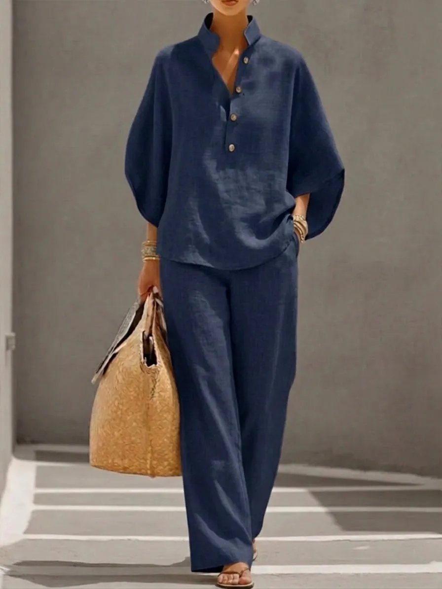 🔥Last Day 50% OFF🔥Women's Batwing Sleeve Two-Piece Set – Casual Shirt & Wide Leg Pants Outfit