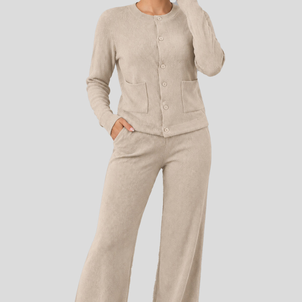 Women's Casual Knit Sweater Set Round Neck Wide Leg Pants