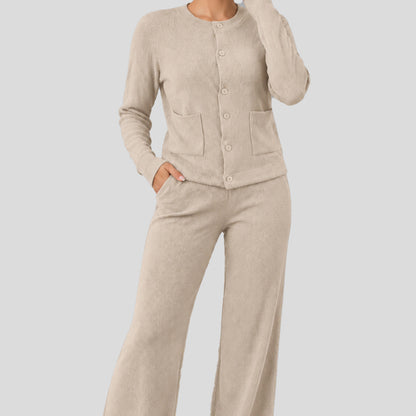 Women's Casual Knit Sweater Set Round Neck Wide Leg Pants