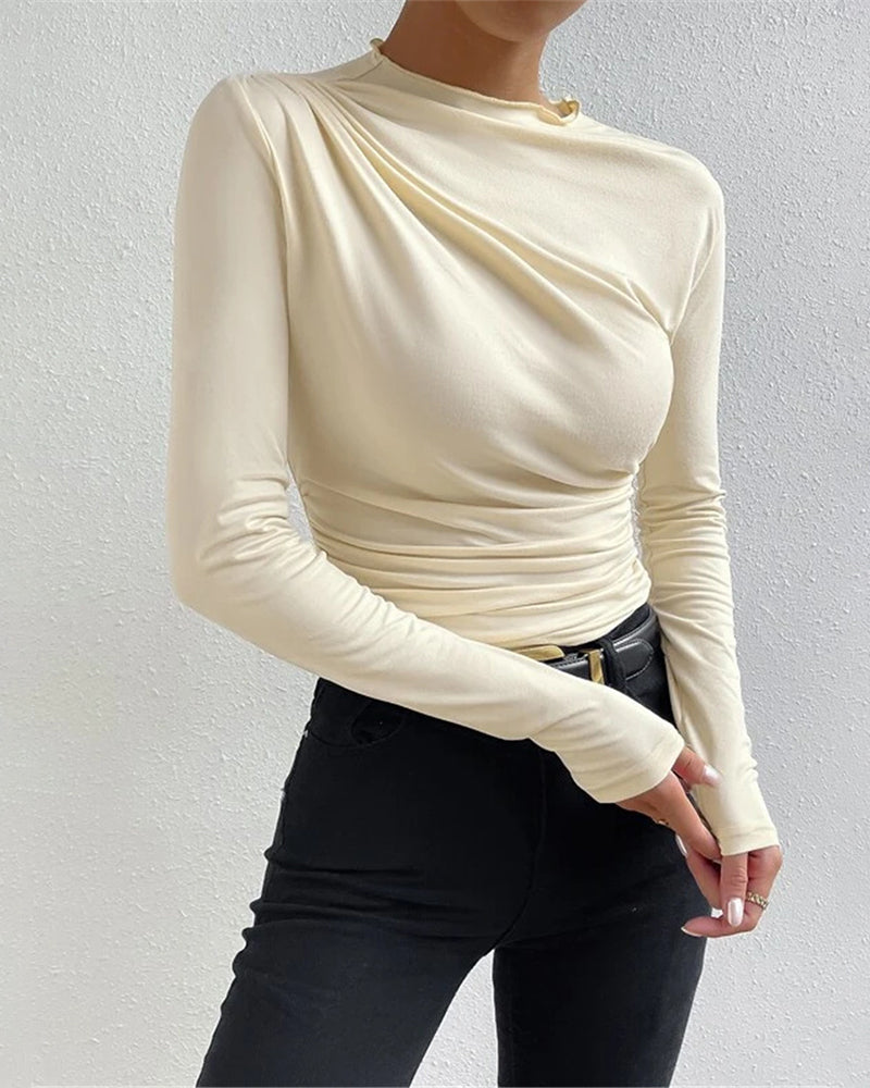Slim Fit Ruched High-Neck T-Shirt Top