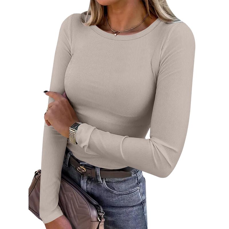 Women Long Sleeve Crewneck Rib Knit Slim Fit Shirts Basic Tee Tops