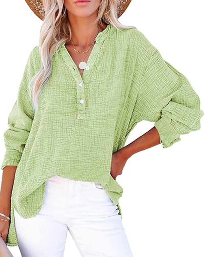 Womens Casual Button V Neck Long Sleeve Shirts Solid Blouses Tops