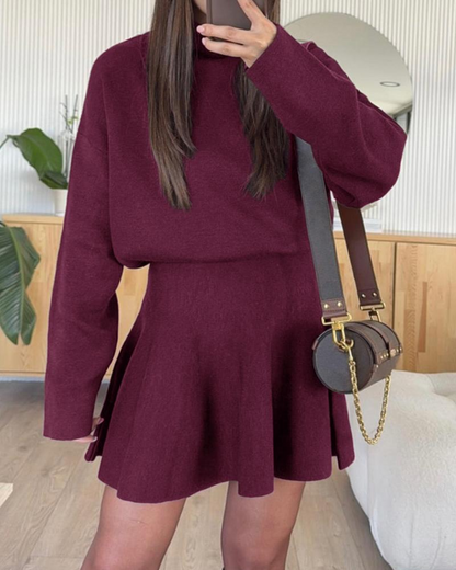 Women's semi-collared long-sleeved knitted loose-fitting one-piece sweater dress