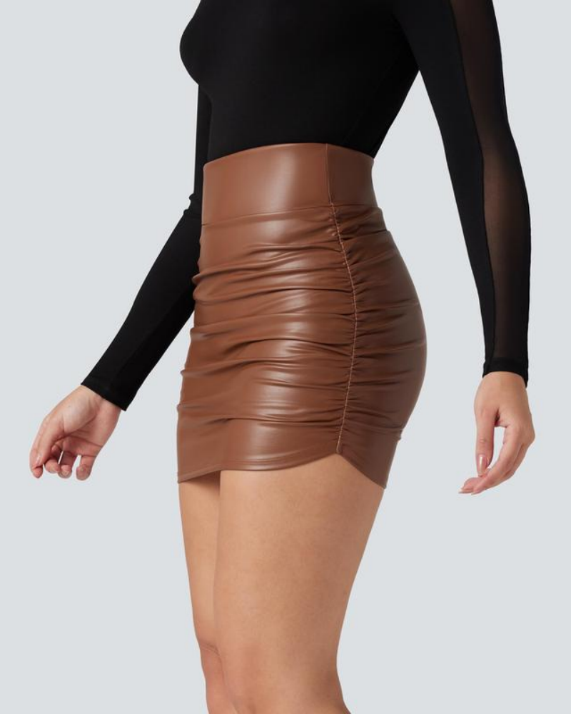 High Waisted Tummy Control Ruched Fleece Mini Skirt