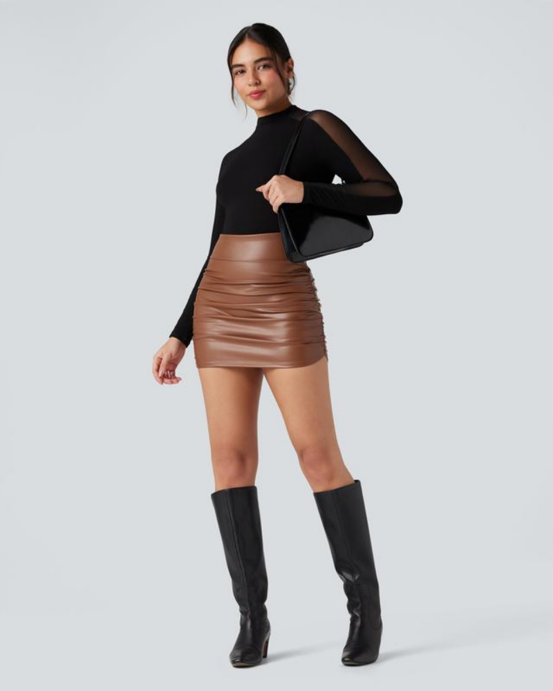 High Waisted Tummy Control Ruched Fleece Mini Skirt