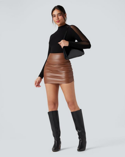 High Waisted Tummy Control Ruched Fleece Mini Skirt